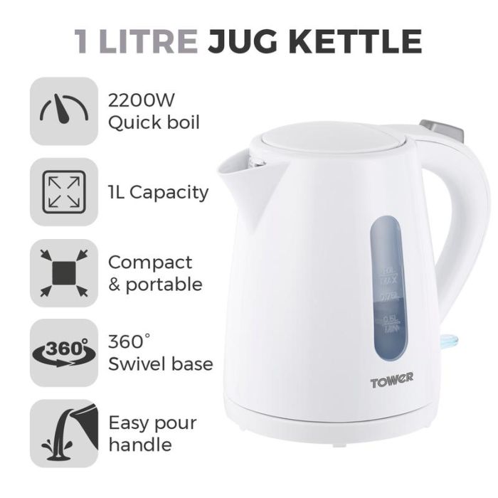 Tower T10029W 1Ltr Fast Boil Cordless Jug Kettle
